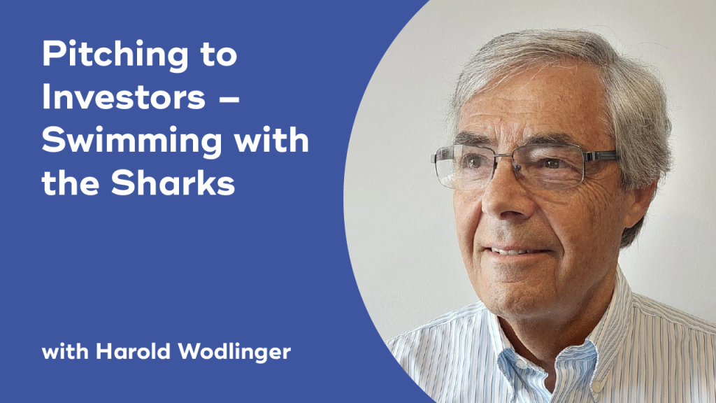 Promotional image for Medventions Lecture titled Pitching to Investors – Swimming with the Sharks with Harold Wodlinger